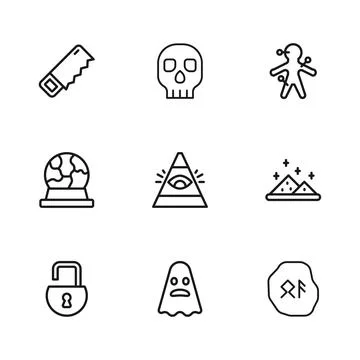 Set line Ghost, Magic powder, runes, All-seeing eye of God, Voodoo doll, Ha.. Stock Illustration