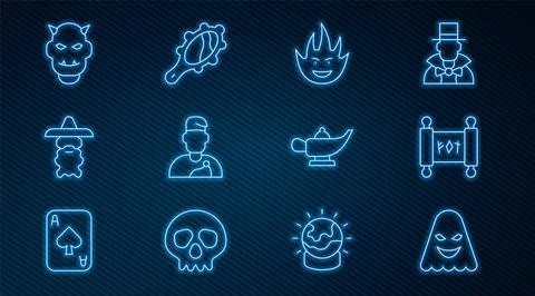 Set line Ghost, Magic scroll, Fire flame, Wizard warlock, Mask of the devil.. Stock Illustration