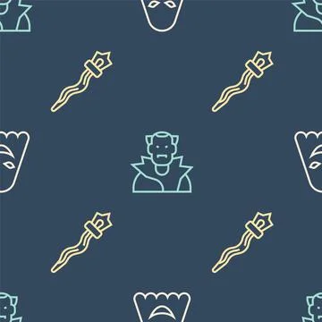 Set line Ghost, Magic staff and Vampire on seamless pattern. Vector Stock Illustration