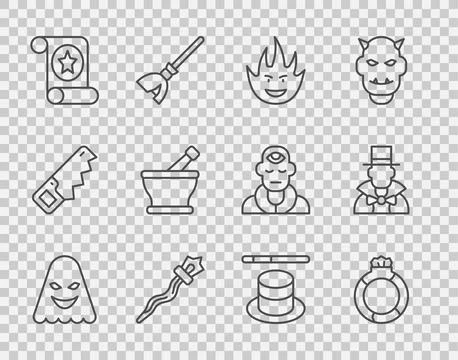 Set line Ghost, Magic stone ring with gem, Fire flame, staff, scroll, Mortar and Illustrazione stock
