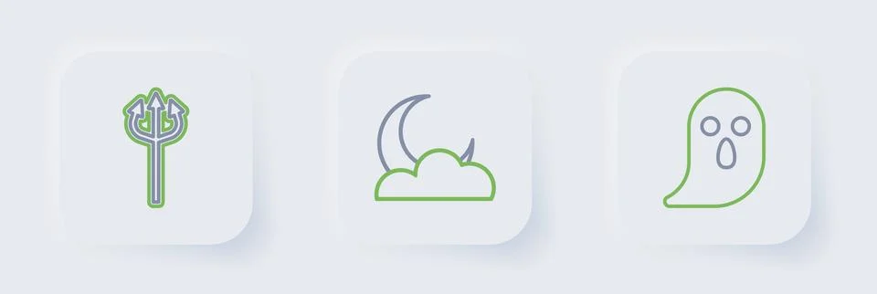 Set line Ghost, Moon and stars and Trident devil icon. Vector Stock Illustration
