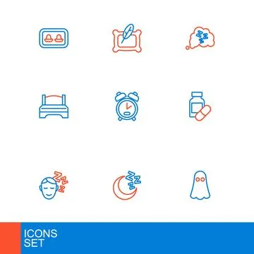 Set line Ghost, Moon and stars, Dreams, Sleeping pill, Big bed, Alarm clock.. Stock Illustration