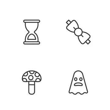 Set line Ghost, Psilocybin mushroom, Old hourglass and Bow tie icon. Vector Stock Illustration
