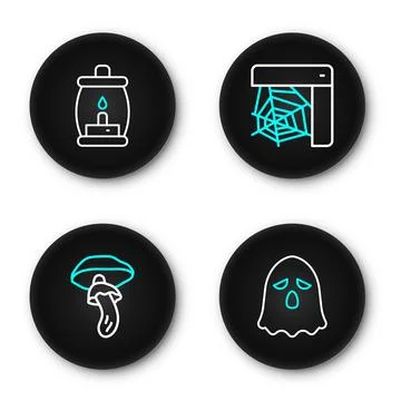 Set line Ghost, Psilocybin mushroom, Spider web and Camping lantern icon. V.. Stock Illustration