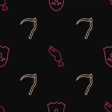 Set line Ghost, Scythe and Zombie finger on seamless pattern. Vector Stock Illustration