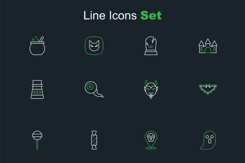 Set line Ghost Skull Candy Lollipop Flying bat Devil head Eye and Bottle with Illustrazione stock