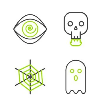 Set line Ghost, Spider web, Skull and Hypnosis icon. Vector Stock Illustration
