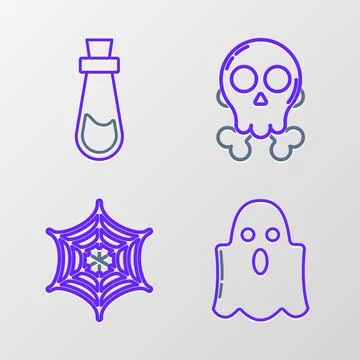 Set line Ghost, Spider web, Skull on crossbones and Bottle with potion icon.. Stock Illustration