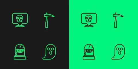 Set line Ghost, Tombstone with RIP written, Skull and Scythe icon. Vector Stock Illustration