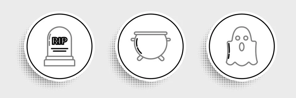 Set line Ghost, Tombstone with RIP and Halloween witch cauldron icon. Vector Stock Illustration