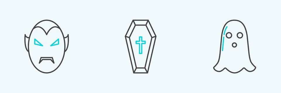 Set line Ghost, Vampire and Coffin with christian cross icon. Vector Stock Illustration