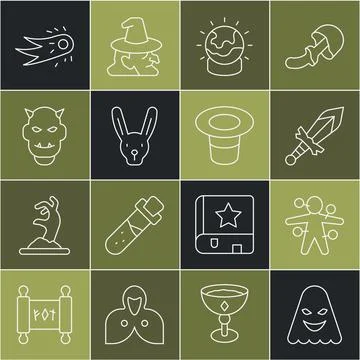 Set line Ghost, Voodoo doll, Medieval sword, Magic ball, Rabbit with ears, .. Stock Illustration