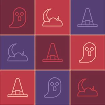 Set line Ghost, Witch hat and Moon and stars icon. Vector Stock Illustration