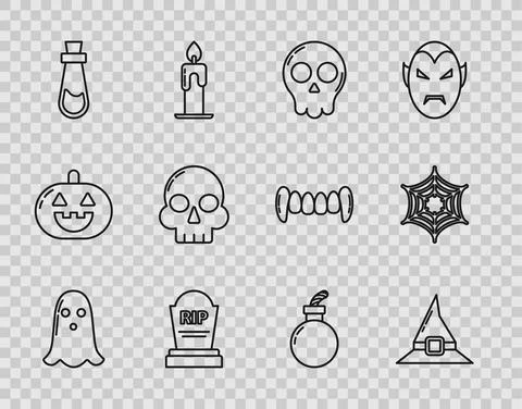 Set line Ghost, Witch hat, Skull, Tombstone with RIP, Bottle potion, Bomb ready Stock Illustration