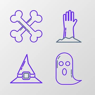 Set line Ghost, Witch hat, Zombie hand and Crossed bones icon. Vector Stock Illustration