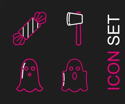 Set line Ghost, Wooden axe and Candy icon. Vector Illustration
