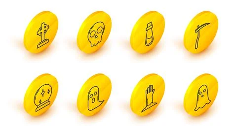 Set line Ghost, Zombie hand, Magic ball, Scythe, Bottle with potion, Skull and Stock Illustration