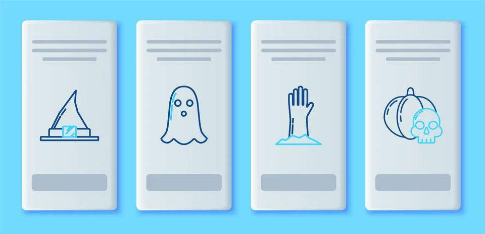 Set line Ghost, Zombie hand, Witch hat and Pumpkin skull icon. Vector Stock Illustration