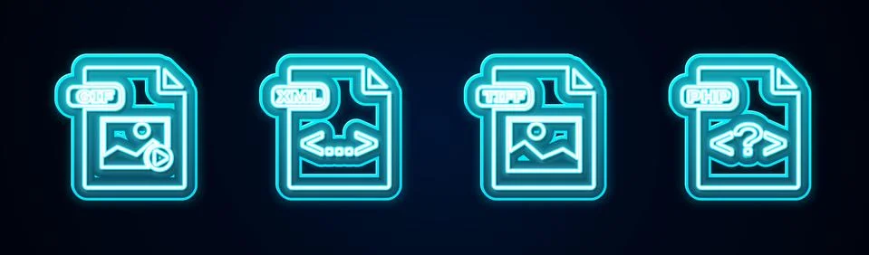 Set line GIF file document, XML, TIFF and PHP. Glowing neon icon. Vector Stock Illustration
