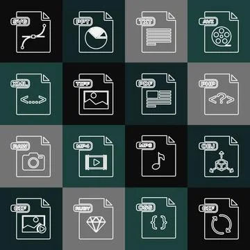 Set line GIF file document, OBJ, PHP, TXT, TIFF, XML, SVG and PDF icon. Vector イラスト素材