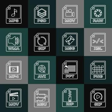 Set line GIF file document, PNG, XSL, MOV, WMA, MP3 and MSG icon. Vector 库存插图
