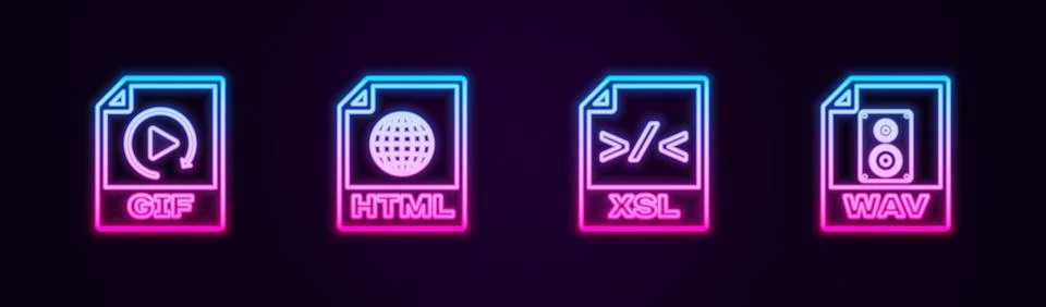Set line GIF file document, HTML, XSL and WAV. Glowing neon icon. Vector Stock Illustration