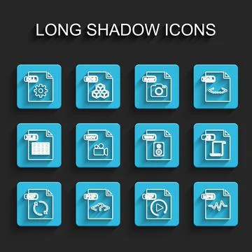 Set line GIF file document, PHP, DLL, MP3, MOV, JS and WAV icon. Vector Illustrazione stock