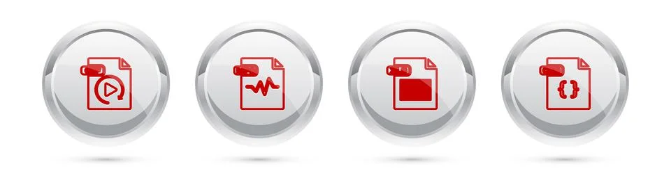 Set line GIF file document, MP3, XLS and CSS. Silver circle button. Vector Stock Illustration