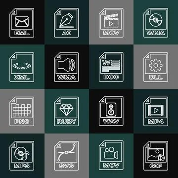 Set line GIF file document, MP4, DLL, MOV, WMA, XML, EML and DOC icon. Vector Illustrazione stock