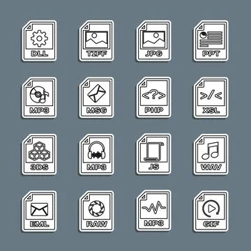Set line GIF file document, WAV, XSL, JPG, MSG, MP3, DLL and PHP icon. Vector 스톡 일러스트
