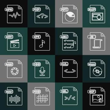 Set line GIF file document, WMA, JS, PPT, MP3, MOV, and M3U icon. Vector Stock Illustration