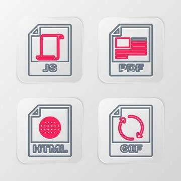 Set line GIF file document, HTML, PDF and JS icon. Vector Illustrazione stock