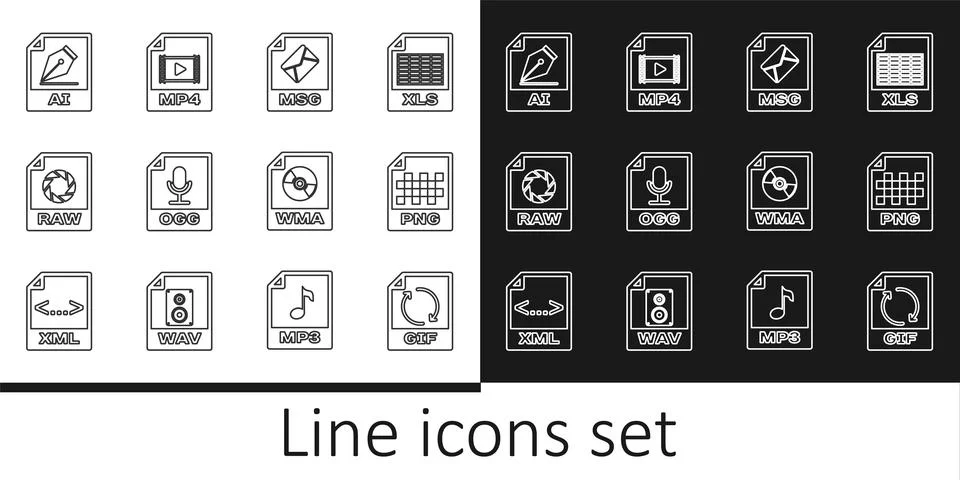 Set line GIF file document, PNG, MSG, OGG, RAW, AI, WMA and MP4 icon. Vector Illustrazione stock