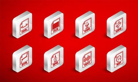 Set line GIF file document, XLS, OGG, MSG, WAV, XML, EPS and SVG icon. Vector Stock Illustration