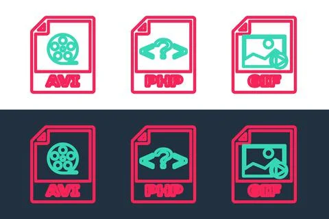 Set line GIF file document, AVI and PHP icon. Vector Stock Illustration