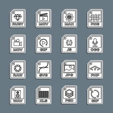 Set line GIF file document, PHP, OGG, MAX, MOV, RUBY and JS icon. Vector イラスト素材