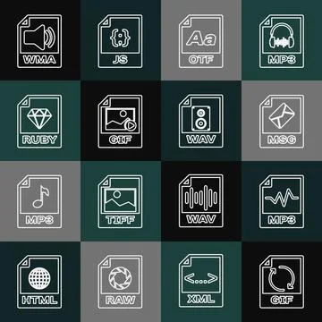 Set line GIF file document, MP3, MSG, OTF, RUBY, WMA and WAV icon. Vector Illustrazione stock