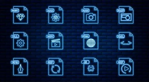 Set line GIF file document, XML, RAW, MOV, DLL, RUBY, HTML and MAX icon. Vect Illustrazione stock