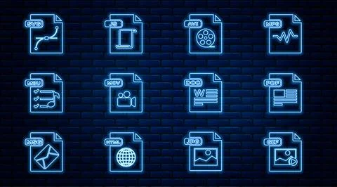 Set line GIF file document, PDF, AVI, MOV, M3U, SVG, DOC and JS icon. Vector Stockillustratie