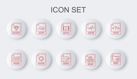 Set line GIF file document, PNG, MP4, 3DS, RUBY, OTF, RAW and M3U icon. Vecto Illustrazione stock