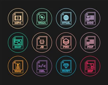 Set line GIF file document, PDF, HTML, JS, BMP, MP4, PSD and WMA icon. Vector Stock Illustration