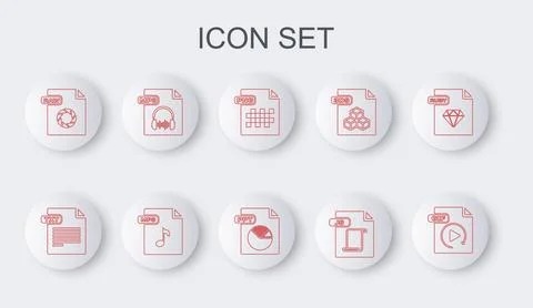 Set line GIF file document, TXT, PNG, JS, RAW, MP3,  and PPT icon. Vector Stock Illustration