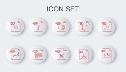 Set line GIF file document, SVG, WMA, OBJ, JS, MP3, TXT and MAX icon. Vector Stock Illustration