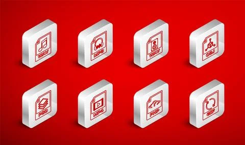 Set line GIF file document, MP3, WAV, OBJ, PHP, MP4 and PSD icon. Vector Illustrazione stock