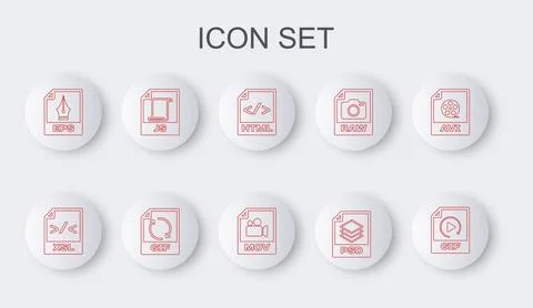 Set line GIF file document, XSL, HTML, PSD, EPS, JS,  and MOV icon. Vector Illustrazione stock