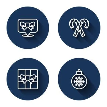 Set line Gift bow, Candy cane with stripes, box and Christmas ball with long イラスト素材