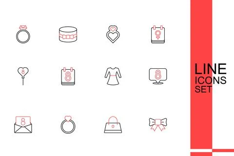 Set line Gift bow, Handbag, Diamond engagement ring, Envelope with 8 March,.. Stock Illustration