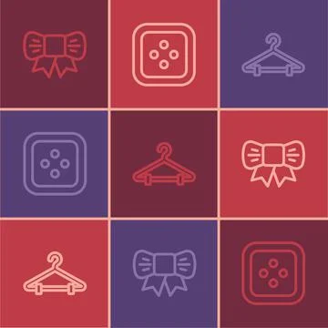 Set line Gift bow, Hanger wardrobe and Sewing button for clothes icon. Vector Stock Illustration