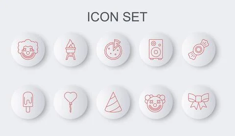 Set line Gift bow, Ice cream, Homemade pie, Clown head, Barbecue grill, Balloons Illustrazione stock