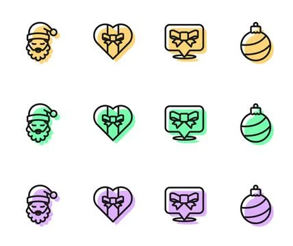 Set line Gift bow, Santa Claus hat and beard, box and Christmas ball icon Illustrazione stock